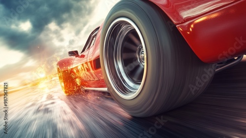 Drag racing car tires designed for maximum grip and acceleration, with an action-packed backdrop and room for text. photo