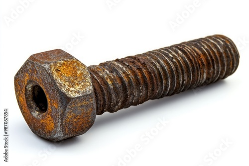 Closeup of a rusty bolt isolated on white background.