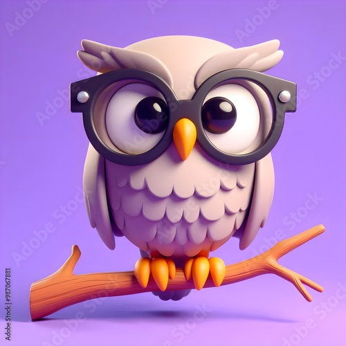 a 3D cartoon of a quirky owl wearing oversized glasses