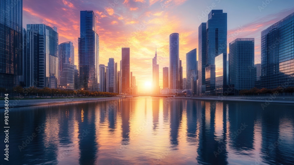 Obraz premium A calm river reflecting the towering skyscrapers of a modern city at dusk, with vibrant colors filling the sky as the sun sets.