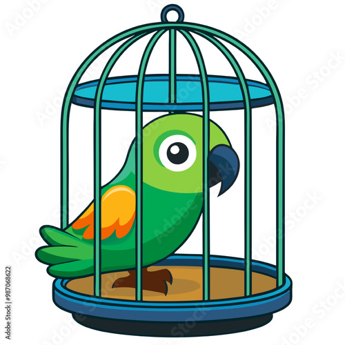 Parrot in a Cage: A cartoon parrot peers out from behind bars, its vibrant colors a stark contrast to its confined world. 