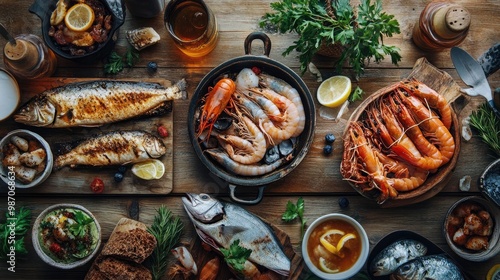 Wallpaper Mural A charming flat lay of a seafood feast spread on a wooden table, featuring various fish dishes, garnishes, and drinks, perfect for culinary inspiration. Torontodigital.ca