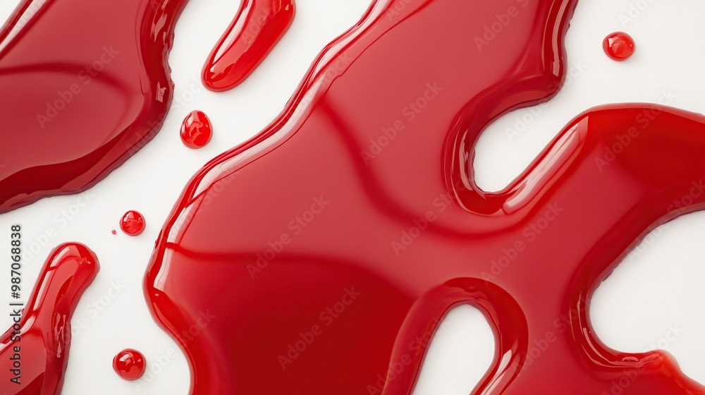 Close up of spilled red syrup isolated on white background. Food and drink background concept Close up of spilled red syrup isolated on white background. Food and drink background concept