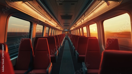 Sunset view from inside an empty train, highlighting the symmetry and warm lighting for a serene travel moment.