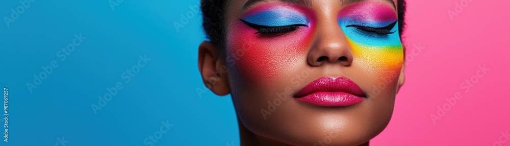 Fototapeta premium A stunning portrait showcasing vibrant makeup with bold colors and artistic design against a colorful background.