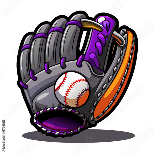 Ready to Catch the Dream: A vibrant, cartoon-styled baseball mitt, rendered in striking purple and orange, clutches a classic baseball, poised for action and ready for licensing! 