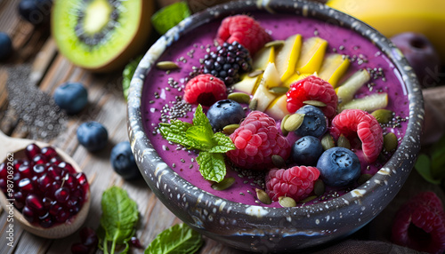 Concept of healthy food with acai smoothie, close up photo