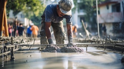 Building site with foundation reinforcement, Iron frame for foundation floor. Neural network ai generated art