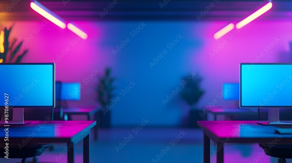 Neon Blue & Purple Cyberpunk Office Background Neon Blue & Purple Cyberpunk Office Background