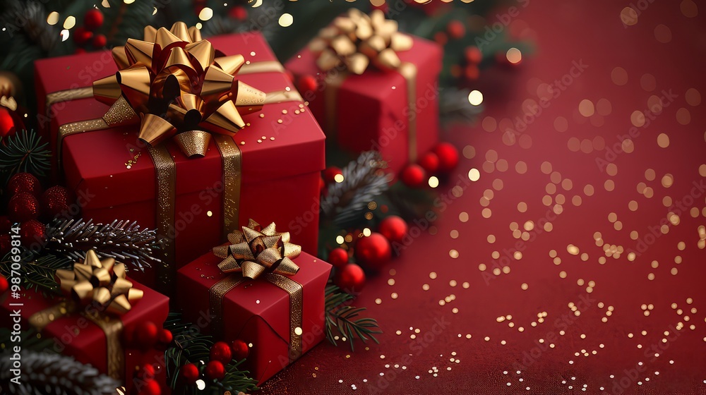 Christmas banner. Realistic gold gift box with red bow, pine branches, golden stars and glitter confetti. Xmas background, cover, poster, greeting cards, headers website. Christmas banner. Realistic gold gift box with red bow, pine branches, golden stars and glitter confetti. Xmas background, cover, poster, greeting cards, headers website.
