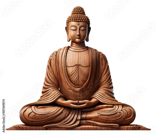 wooden praying buddha statue isolated