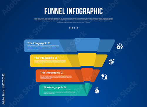 funnel infographic with creative joined shape with rectangle container with 4 point with dark style for slide presentation vector