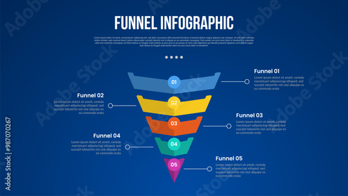 funnel infographic with reverse pyramid slice bottom direction with 5 point with dark style for slide presentation