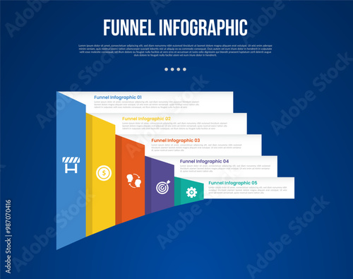 funnel infographic with horizontal direction and rectangle box container with 5 point with dark style for slide presentation
