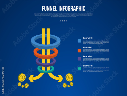 funnel infographic with 3d ring shape arrow line opposite direction with 4 point with dark style for slide presentation