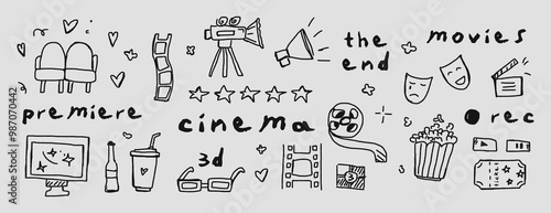 Big cinema set with cute "Movie Time" elements, film strips, popcorn, cinema flapper, director's chair, cinema ticket. Hand drawn doodle graphic drawing. Childish naive illustration. Banner set logos.