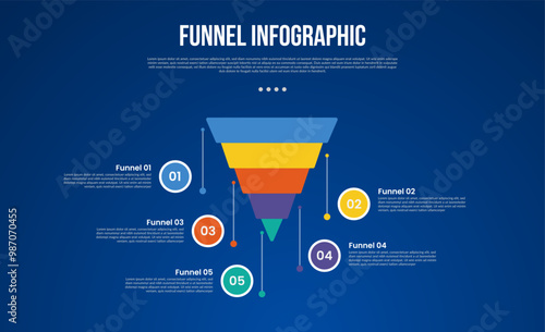 funnel infographic with reverse pyramid sharp pointy with line point direction with 5 point with dark style for slide presentation