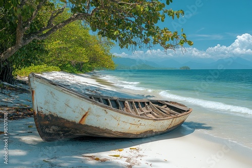 An old wooden boat lies on the beach, half-buried in the white sand. The turquoise water of the ocean laps at the shore. photo