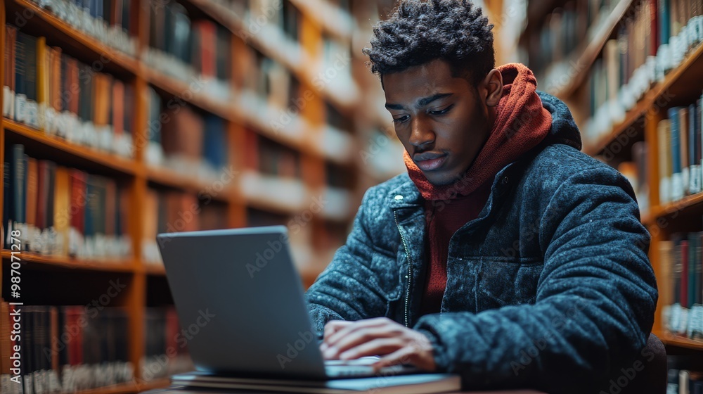 Young man working on laptop in a library, concentrating on his studies amid rows of bookshelves. Focused and determined. Young man working on laptop in a library, concentrating on his studies amid rows of bookshelves. Focused and determined.