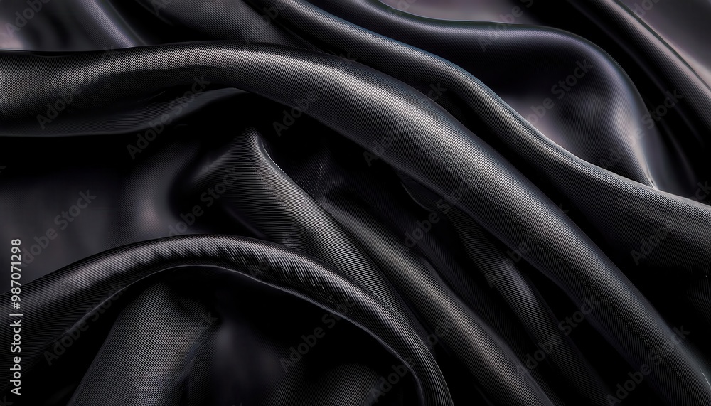Obraz premium Close-up of Luxurious Black Satin Fabric Drapes with Intricate, Soft Ripples and Subtle Textured Details, Capturing the Elegance and Depth of Light Reflections in a Smooth, Silky Surface