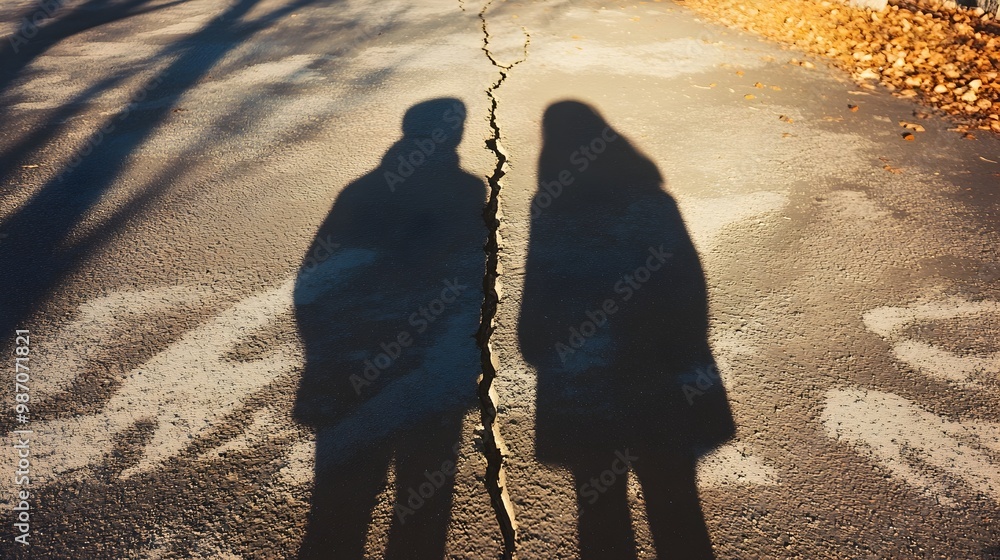 © Bos Amico - Fractured Paths Couple s Shadows Separated by a Crack in the Pavement Symbolizing the Distance and Disconnection in Their Relationship © Bos Amico - Fractured Paths Couple s Shadows Separated by a Crack in the Pavement Symbolizing the Distance and Disconnection in Their Relationship