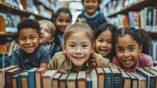 Group of happy children smiling at camera in school library