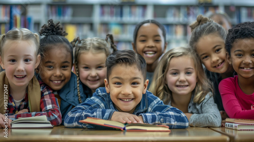 Group of happy children smiling at camera in school library
