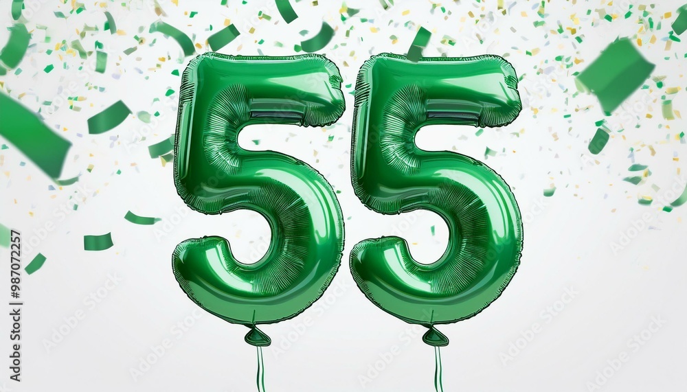 Green birthday / anniversary balloon, number 55, white background with confetti Green birthday / anniversary balloon, number 55, white background with confetti
