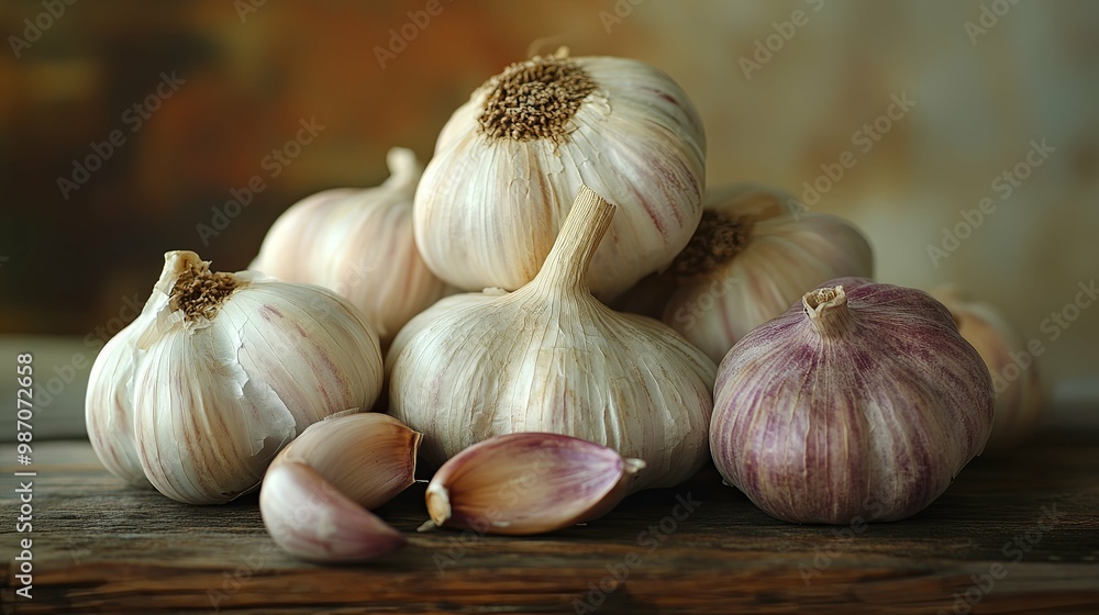 Obraz premium Garlic Bulbs on Rustic Wooden Surface