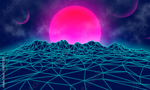 Futuristic landscape with mountains and sunset. 80s retro neon concept. Vector illustration.
