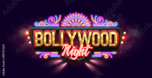 Bollywood night party. Movie banner or poster with retro neon billboard. Vector illustration.