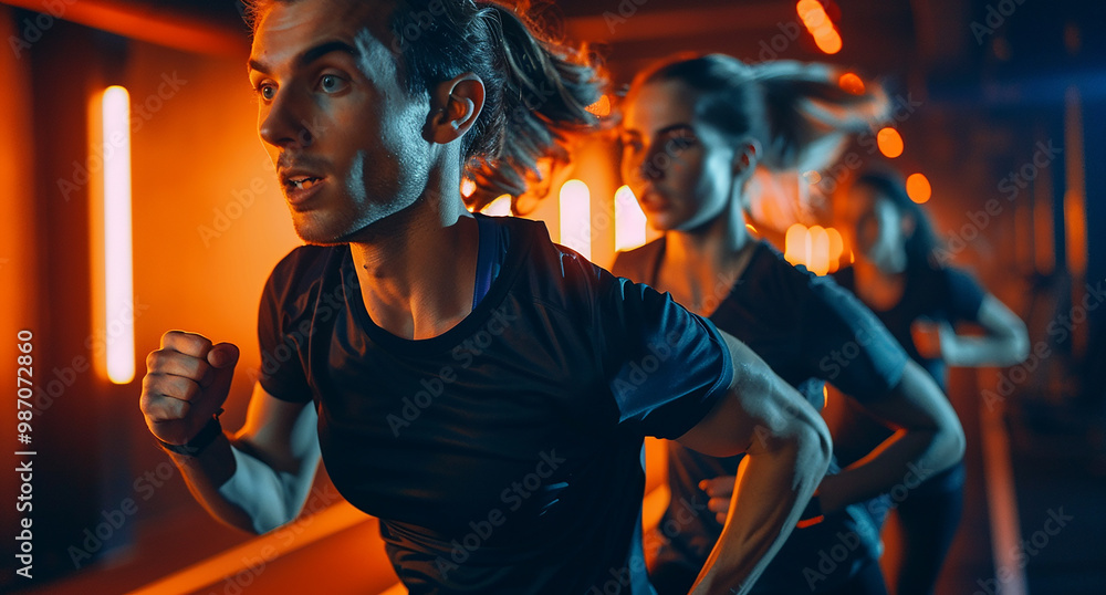 Gym background with male and female fitness models, cinematic style Gym background with male and female fitness models, cinematic style