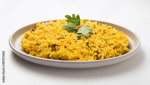 Spanish Food, Migas on white background isolated.