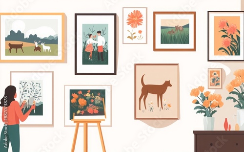 A simple vector illustration showcasing frames with paintings hanging on a wall. The artwork features flat colors and a warm color palette, rendered in a cute and playful cartoonish style. photo