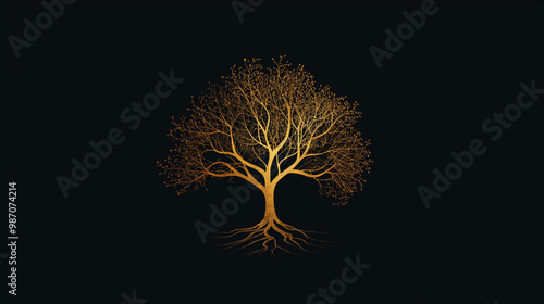 logo design in the style of tree of life minimalistic style, simple shapes, golden lines on a black background with no shadows