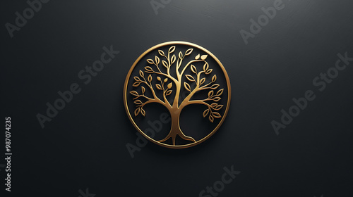 logo design in the style of tree of life minimalistic style, simple shapes, golden lines on a black background with no shadows