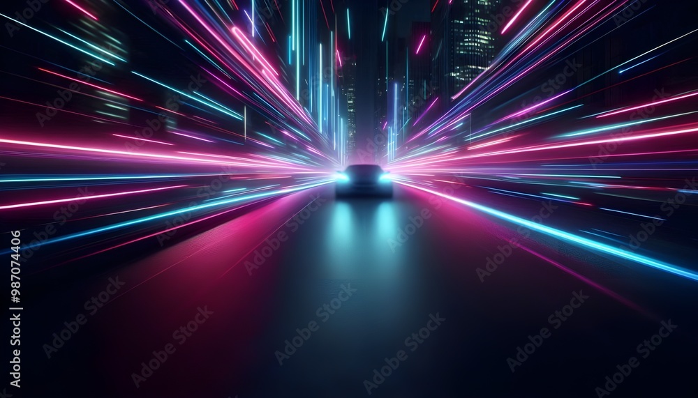 Abstract empty background with dark asphalt and neon purple, blue and pink light spots for car presentation Abstract empty background with dark asphalt and neon purple, blue and pink light spots for car presentation