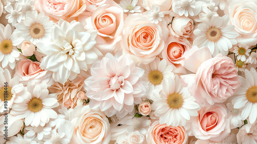 wallpaper pattern of pale pink and white roses, peonies, daisies, highly detailed, hyper realistic wallpaper pattern of pale pink and white roses, peonies, daisies, highly detailed, hyper realistic