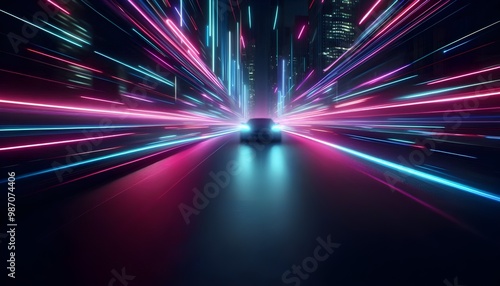Abstract empty background with dark asphalt and neon purple, blue and pink light spots for car presentation