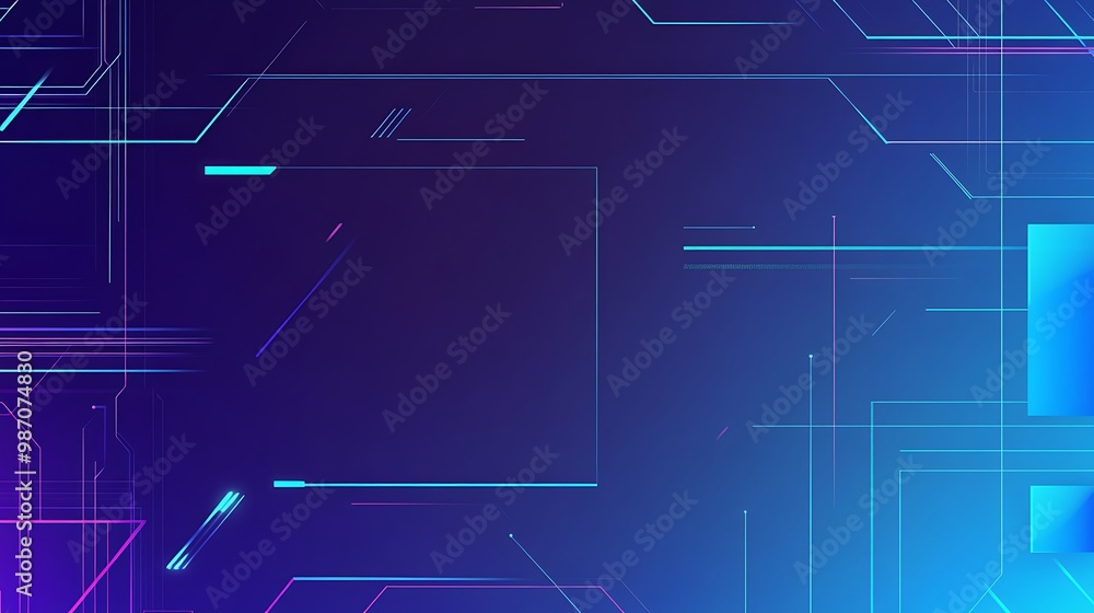 Fototapeta premium Abstract geometric background with neon lines and shapes on a dark blue gradient.