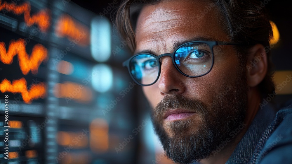 Focused Man Looking at Financial Data Focused Man Looking at Financial Data