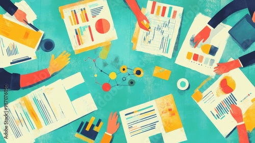 An aerial view of hands working on colorful charts and graphs during a collaborative meeting, showcasing teamwork and analysis.