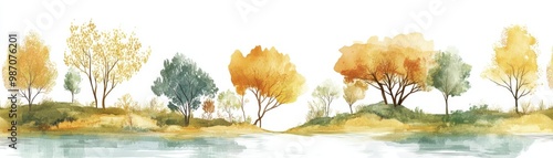 Beautiful watercolor landscape featuring vibrant trees and serene water, perfect for nature and art themes.