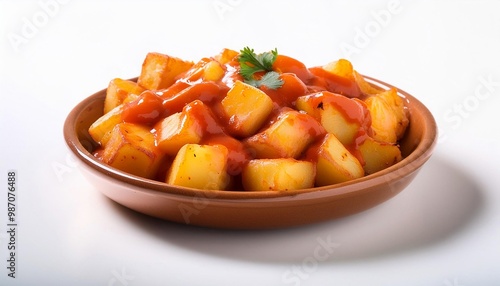 Spanish Food, Patatas Bravas on white background isolated.