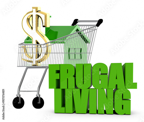 3d home and dollars symbol in a shopping cart - frugal living