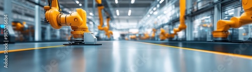 Close-up of an industrial robot arm in a modern manufacturing facility, showcasing advanced technology and automation.