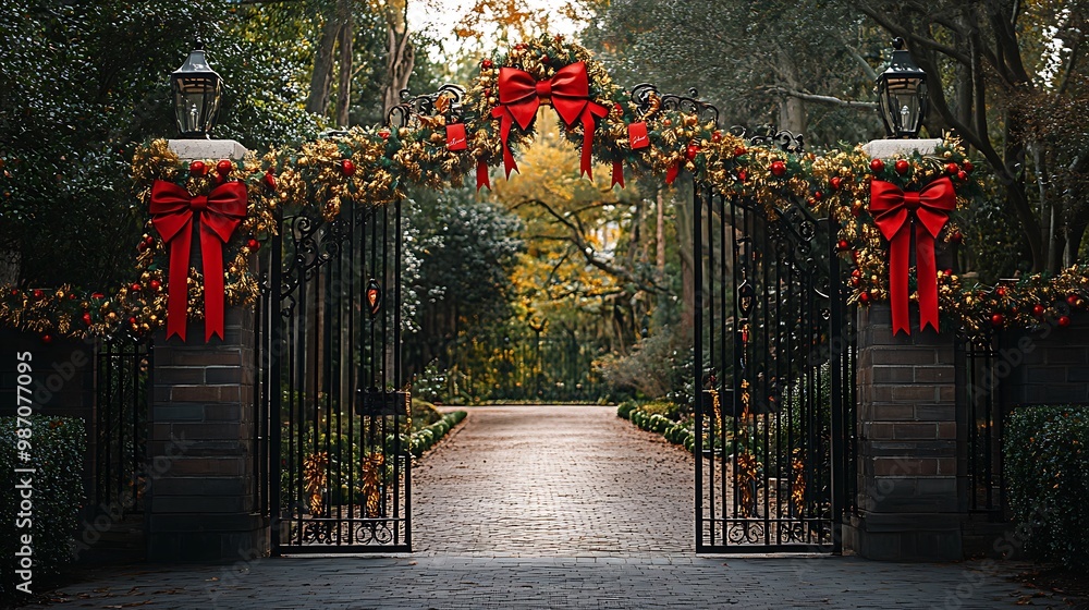 Front Gate Adorned with Red and Gold Bows