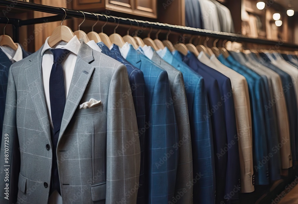 In a clothing store, a mannequin is displayed wearing a blue suit and tie In a clothing store, a mannequin is displayed wearing a blue suit and tie