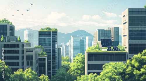 Urban Skyline with Green Roofs and Birds Flying