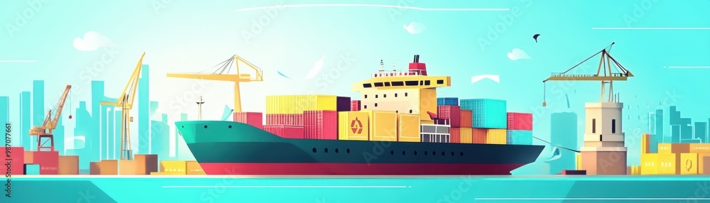 Obraz premium Colorful cargo ship loading containers in a bustling port, showcasing maritime industry and transport efficiency.